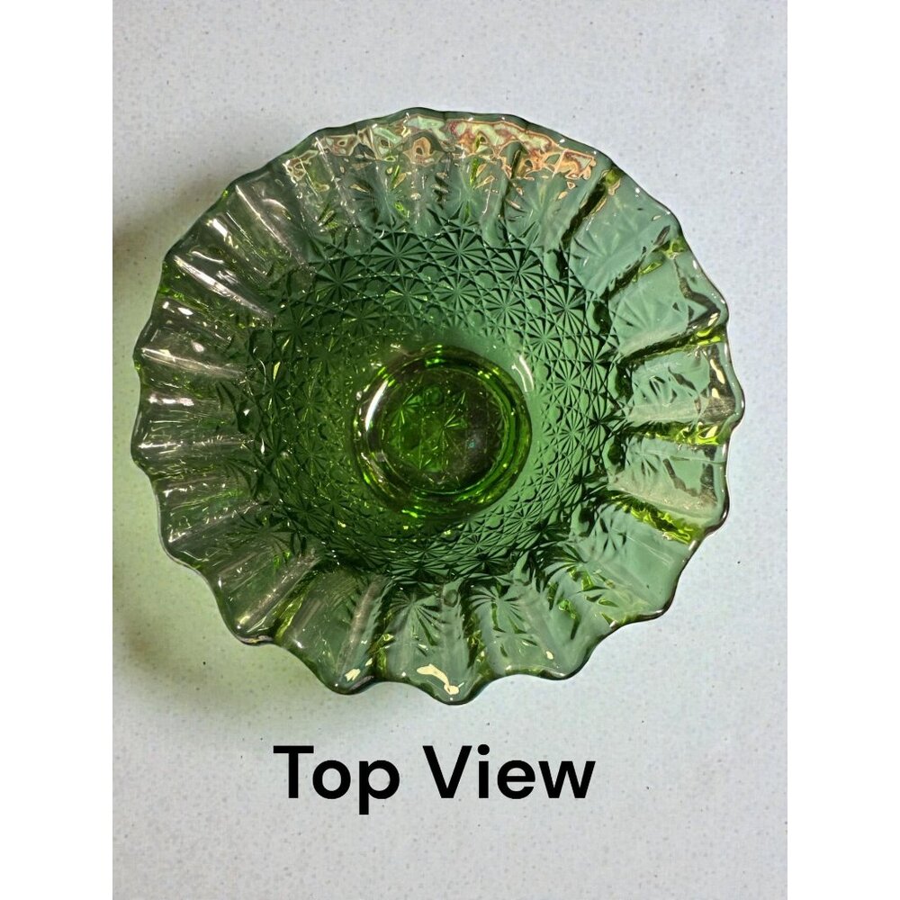 Vintage L.E. Smith Daisy & Button Green Glass Candy Dish – Ruffled Edge – 1970s - Picture 2 of 5